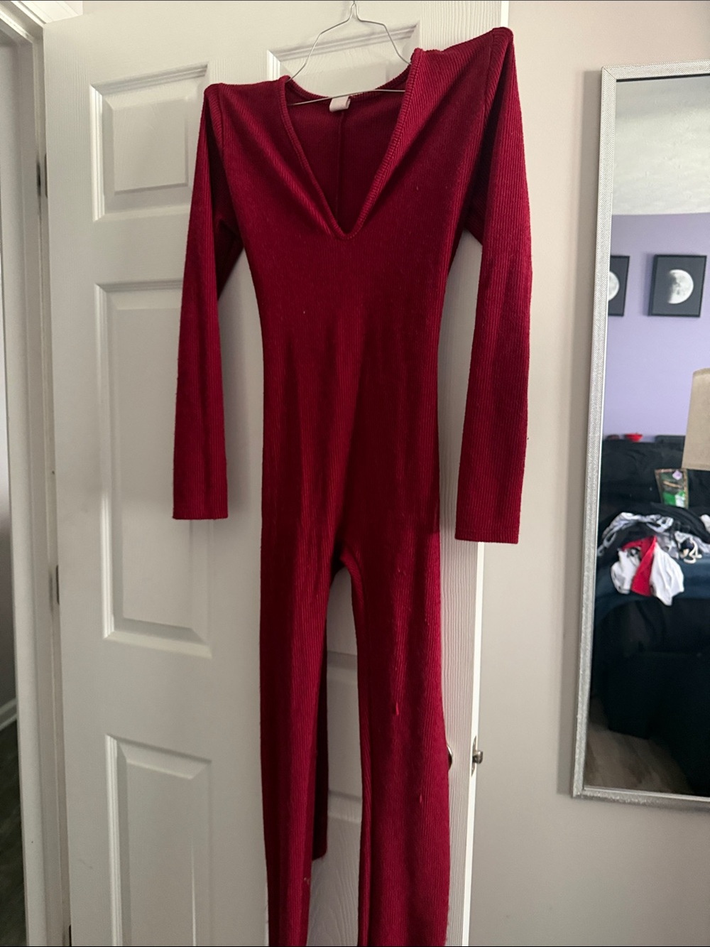 Deep Red Ribbed V-Neck Jumpsuit